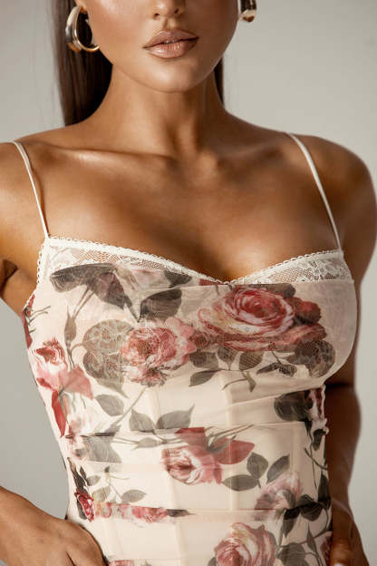 Floral Print Corset Wedding Guest Party Maxi Slip Dresses-Beige Pre Order