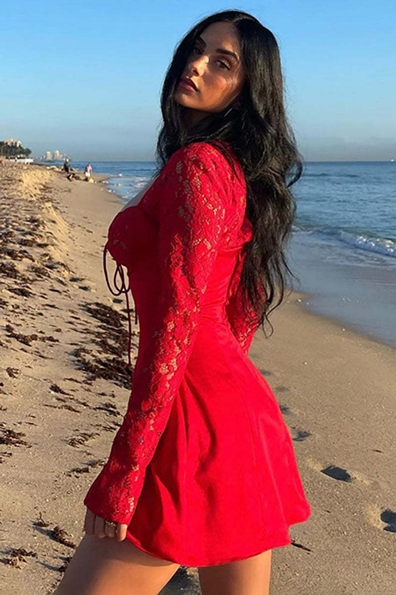 Lace Patchwork Tie Up Corset Long Sleeve A-Line Mini Dresses-Red