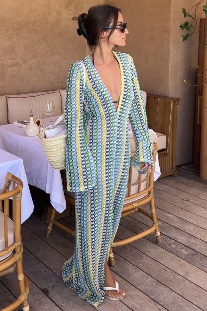 Crochet Abstract Striped Pattern Deep V Neck Flare Sleeve Slit Maxi Dresses-Green