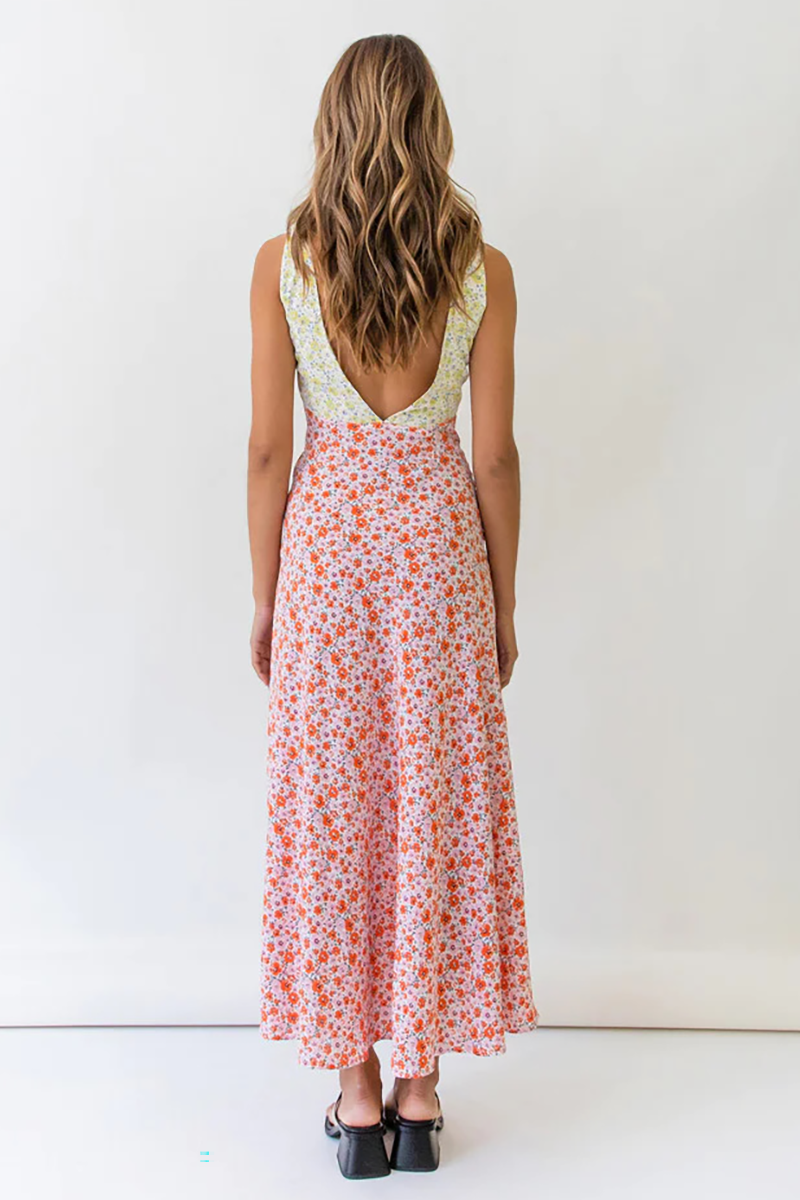 Colorblock Floral Print V Neck Tie Up Backless Maxi Tank Dresses-Black