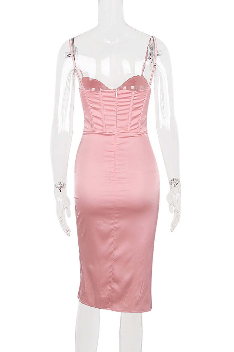 White Cami V Neck Ruched Corset Wrapped Pleated Bodycon Satin Evening Gown Midi Dresses