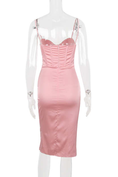 White Cami V Neck Ruched Corset Wrapped Pleated Bodycon Satin Evening Gown Midi Dresses