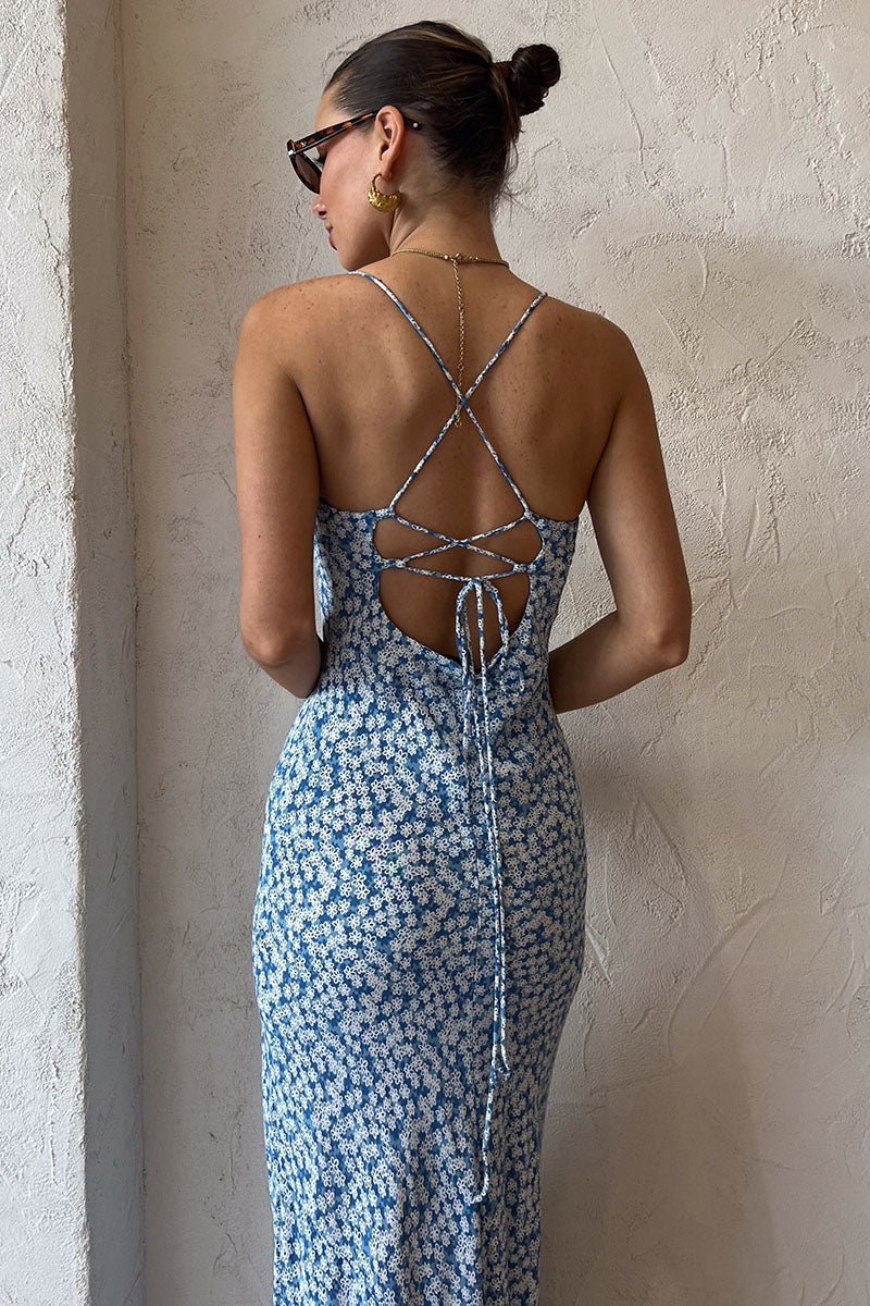 Ditsy Floral Print Crossover Tie Up Backless Cami Vacation Maxi Dresses