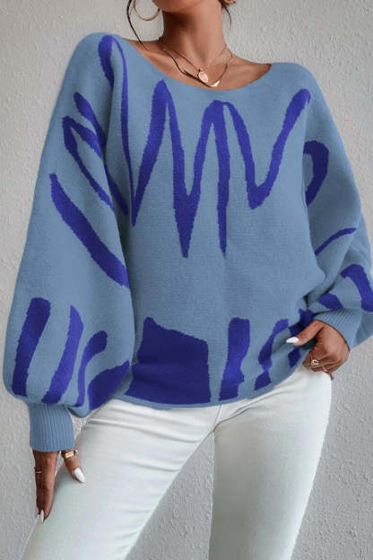 Knit Pattern Print Balloon Sleeve Sweater-Blue