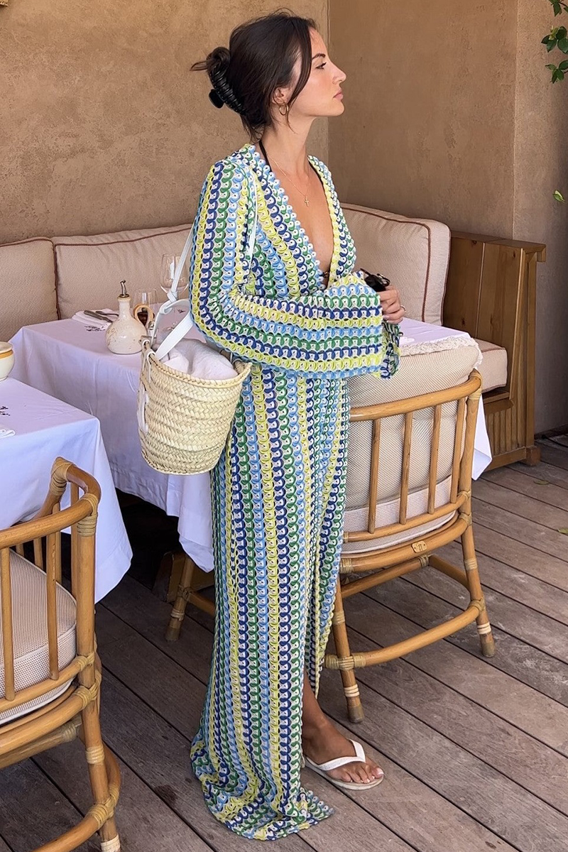 Crochet Abstract Striped Pattern Deep V Neck Flare Sleeve Slit Maxi Dresses-Green