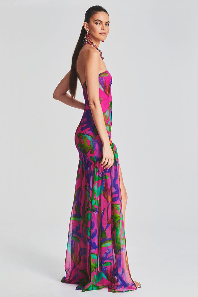 Tropical Print Strapless Mesh Patchwork Slit Hem Vacation Maxi Dress