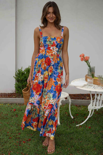 Square Neck Sleeveless Floral Print Pleated Vacation Maxi Dresses
