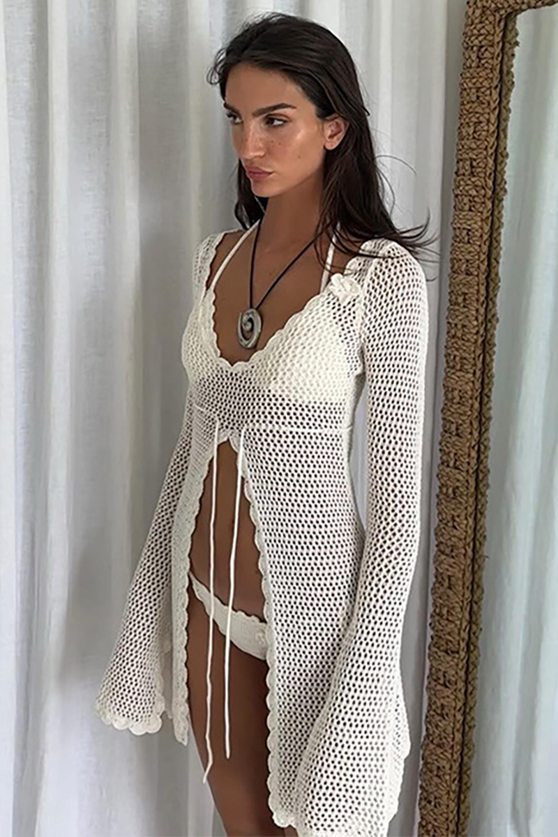 Hollow Out Knit Ripple Trim U Neck Flared Sleeve Slit Front Top Bikini Cover Ups-White