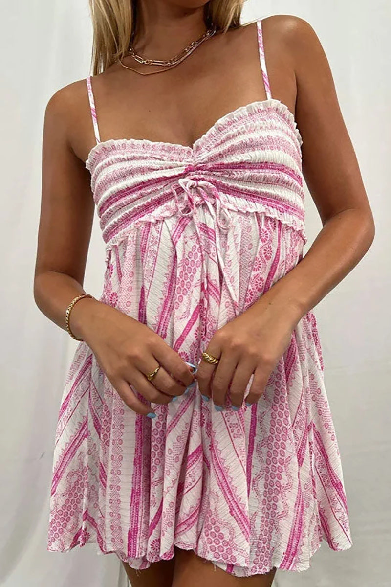 Tribal Print Ruffle Pleated Hem Ruched Vacation Slip Mini Dresses