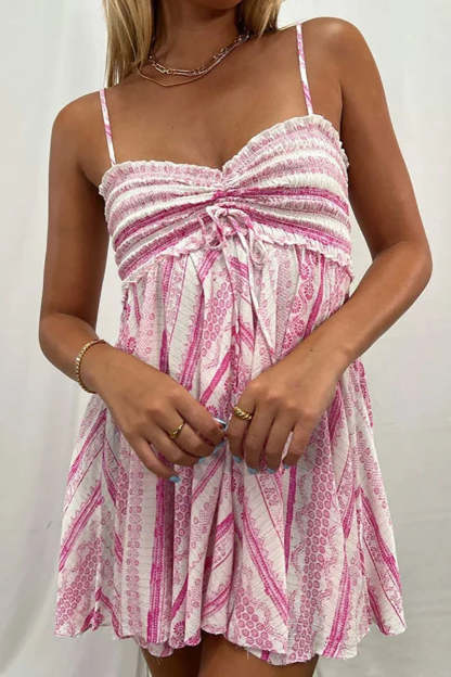 Tribal Print Ruffle Pleated Hem Ruched Vacation Slip Mini Dresses