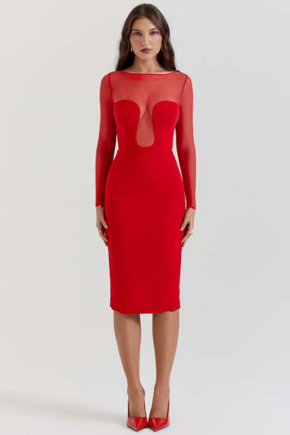 Mesh Patchwork Long Sleeve Irregular Corset Bodycon Midi Dresses-Red