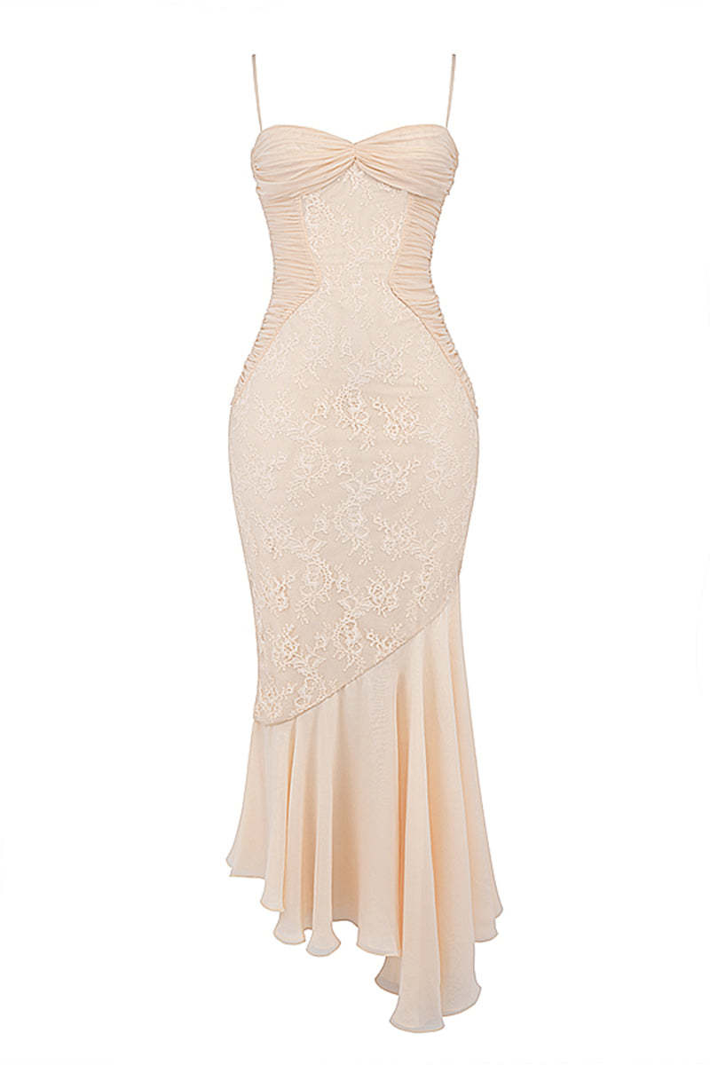 Lace Patchwork Bodycon Fishtail Hem Spaghetti Strap Chiffon Maxi Dresses-Beige