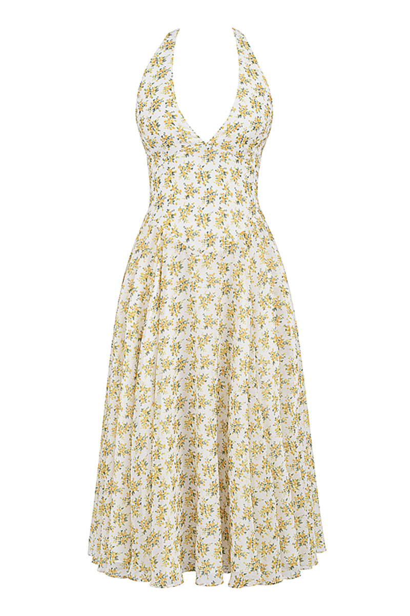 V Neck Halter Cinch Waist Floral Print Pleated Wedding Guest Midi Dresses-Yellow