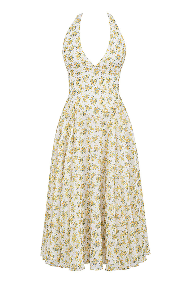 V Neck Halter Cinch Waist Floral Print Pleated Wedding Guest Midi Dresses-Yellow