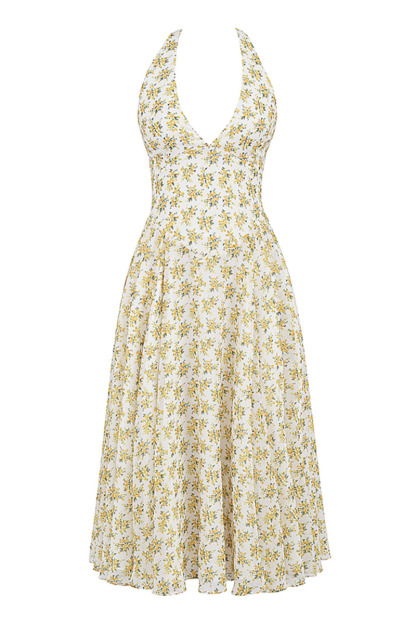 V Neck Halter Cinch Waist Floral Print Pleated Wedding Guest Midi Dresses-Yellow
