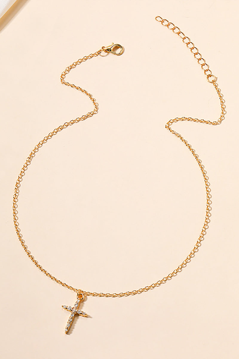 Rhinestone Cross Pendant Alloy Necklace-Gold