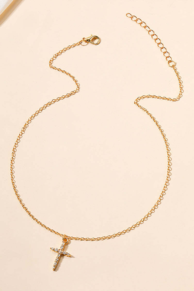 Rhinestone Cross Pendant Alloy Necklace-Gold