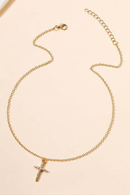 Rhinestone Cross Pendant Alloy Necklace-Gold