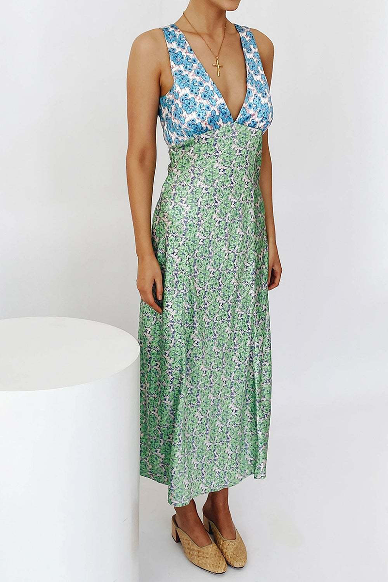 Colorblock Floral Print V Neck Tie Up Backless Maxi Tank Dresses-Black