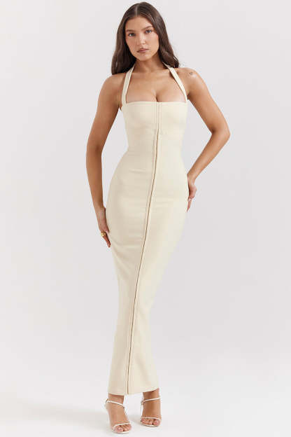 Halter Neck Backless Zipper Split Formal Party Maxi Dresses-Beige