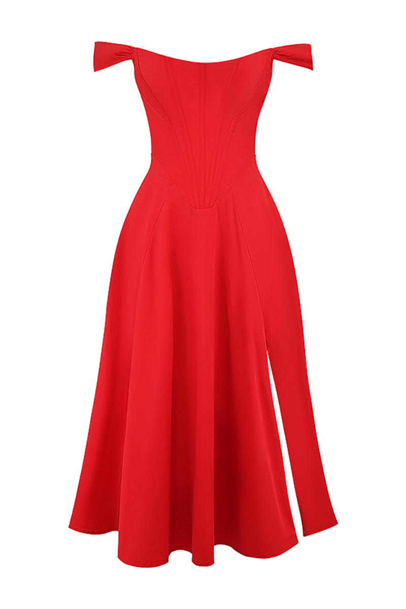 Dropped Shoulder Corset A-Line Slit Solid Color Midi Dresses-Red