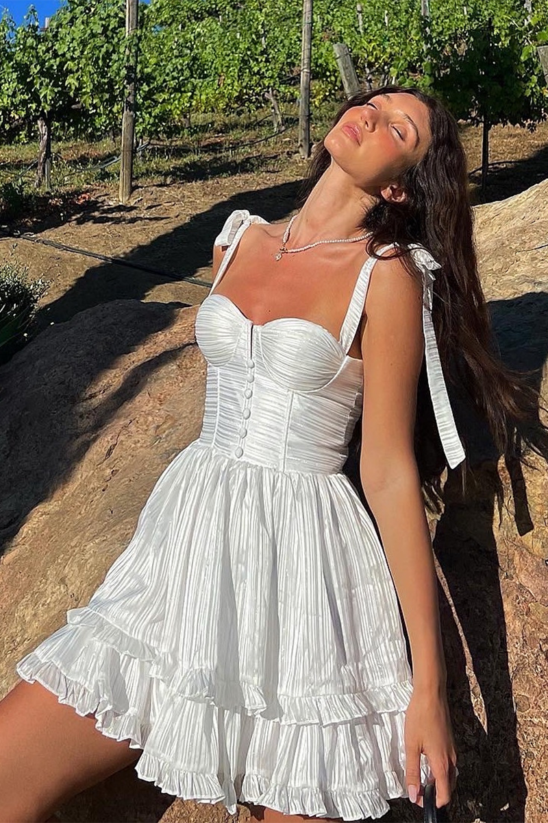 Spaghetti Strap Textured Ruffle Button Tiered Mini Dresses-White Pre Order