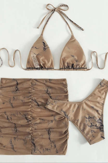 Halter Pattern Print Ruched Mini Skirt Bikini Three Pieces Set