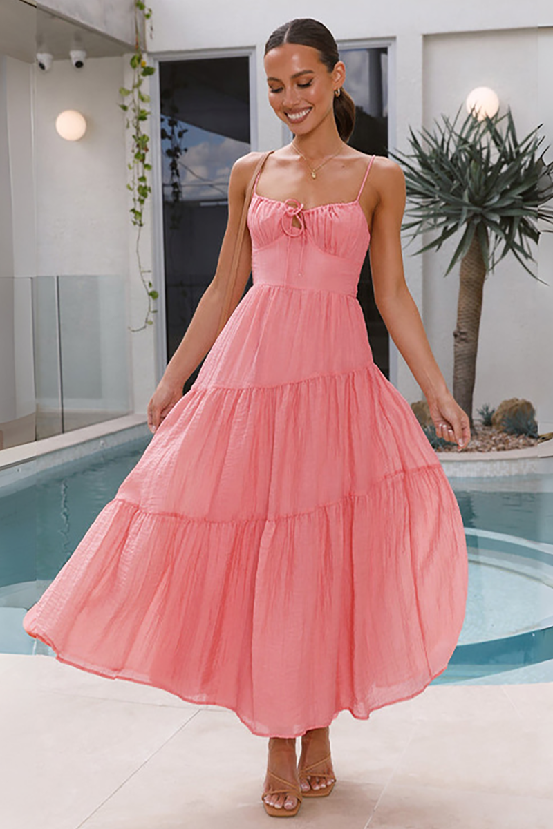 Front Tie Up Spaghetti Strap A-Line Flowy Shirred Maxi Dresses-Pink