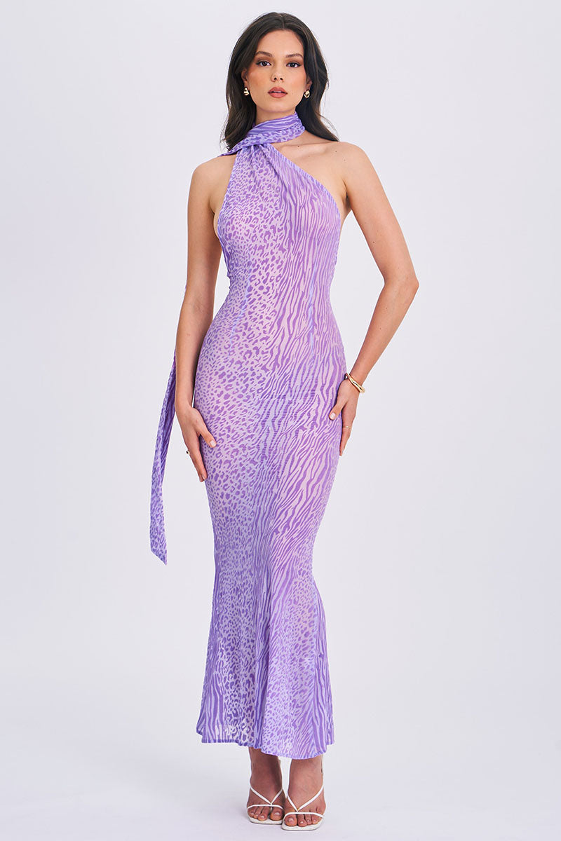 Leopard Print Sash Backless Mermaid Hem Maxi Dresses-Purple