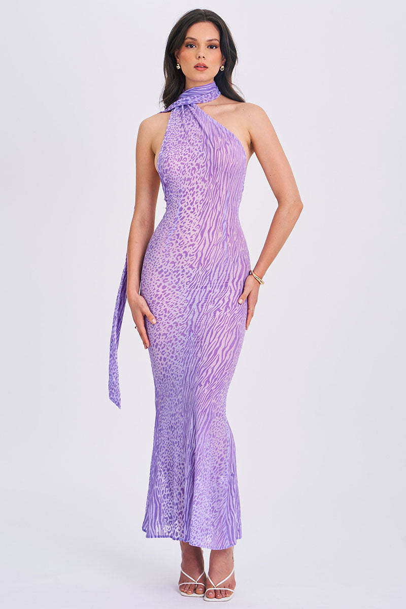 Leopard Print Sash Backless Mermaid Hem Maxi Dresses-Purple