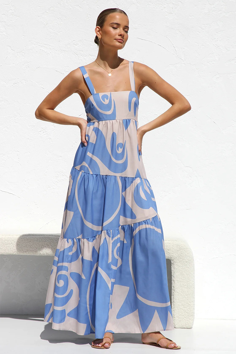 Graphic Print Thick Straps Boat Neck A-Line Vacation Maxi Dresses-Blue