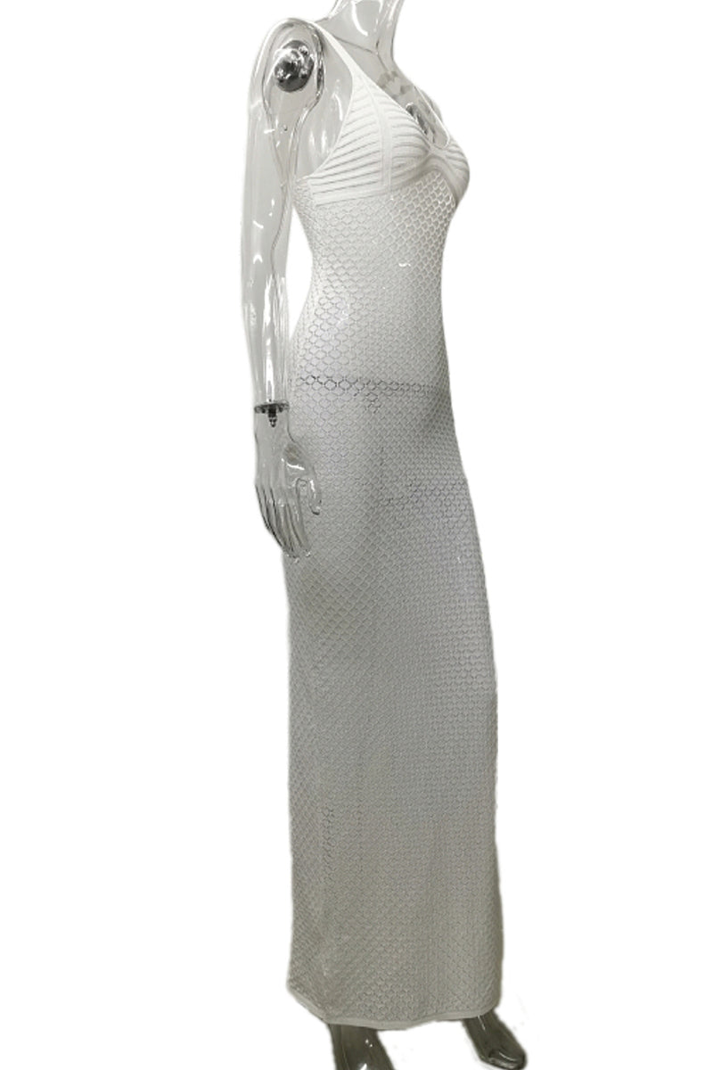 Crochet Irregular Neck Cami Hollow Out High Slit White Cover Up Maxi Dresses
