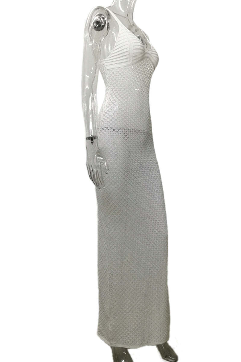 Crochet Irregular Neck Cami Hollow Out High Slit White Cover Up Maxi Dresses