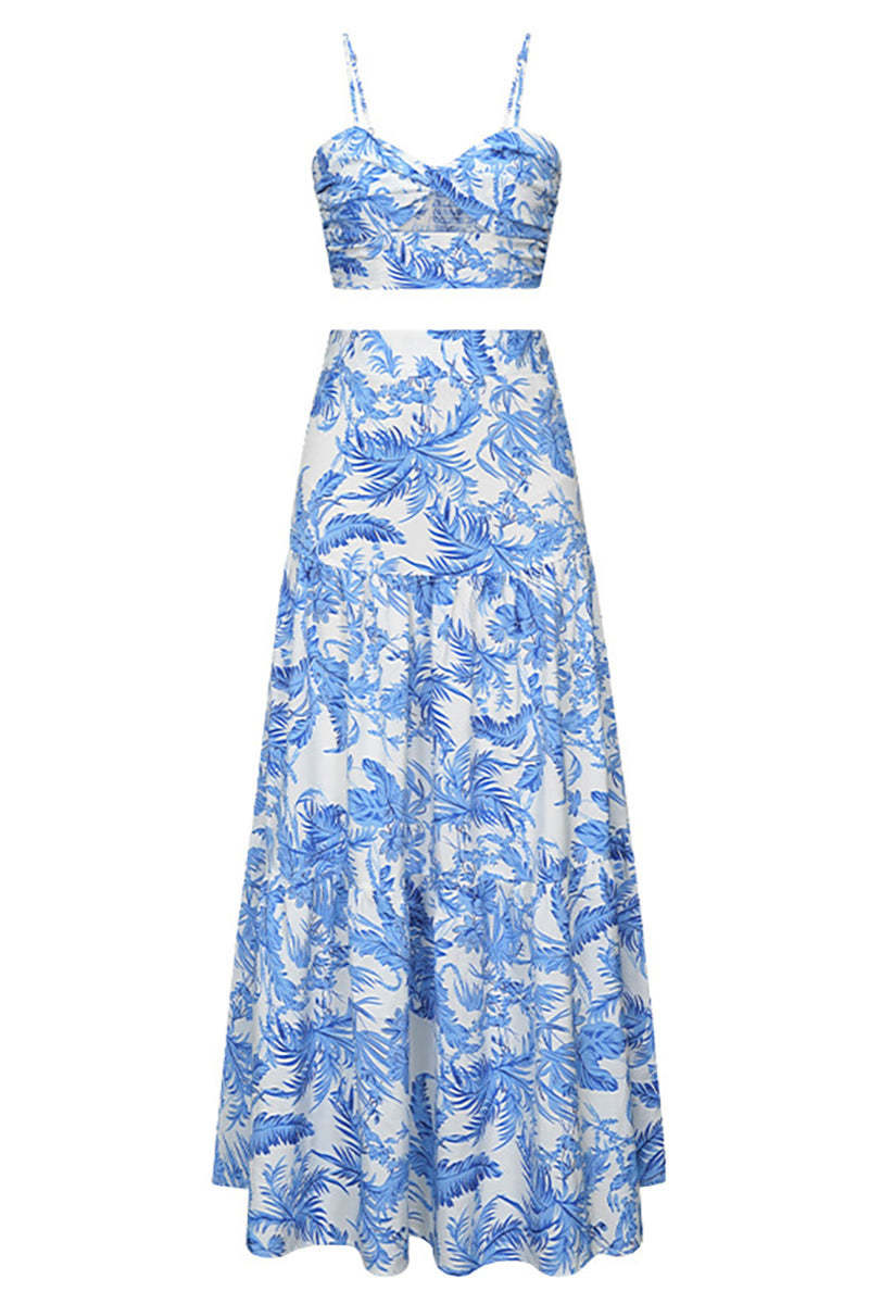 Cami Cutout Tied Up Ruched Tube Top Tiered Pleated Maxi Skirt Floral Print Vacation Matching Sets