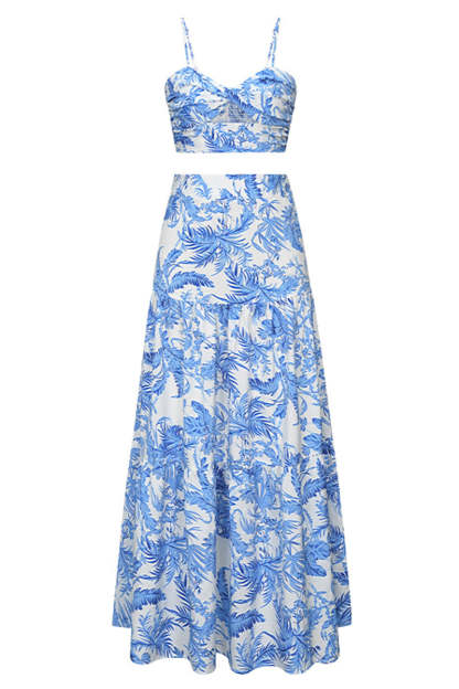 Cami Cutout Tied Up Ruched Tube Top Tiered Pleated Maxi Skirt Floral Print Vacation Matching Sets