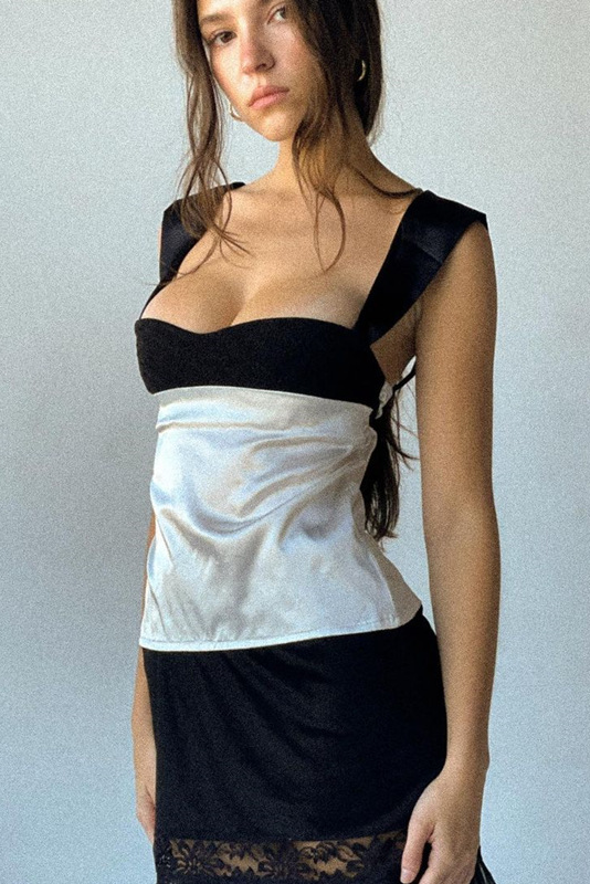 Colorblock Trim Wide Straps Sleeveless Top-White