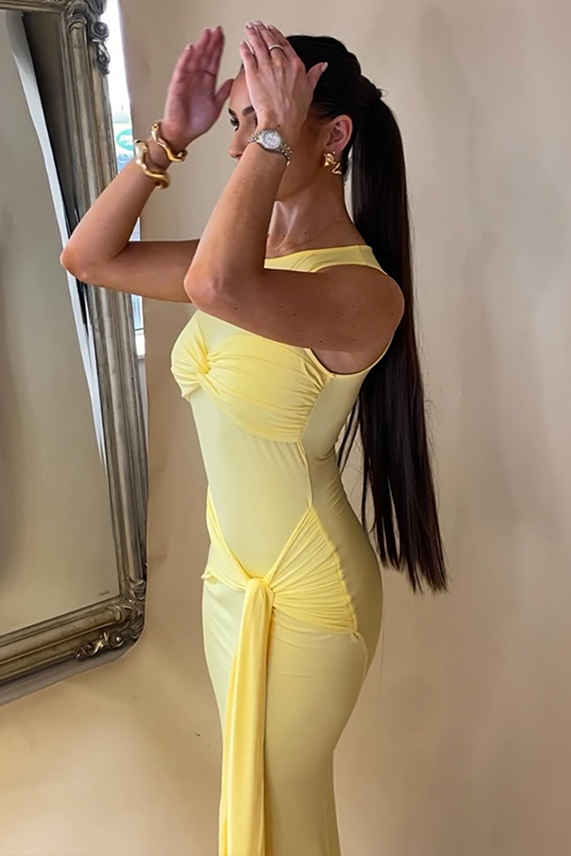 Twisted Knot Ruched Slim Fit Long Streamer Maxi Tank Dresses-Pink