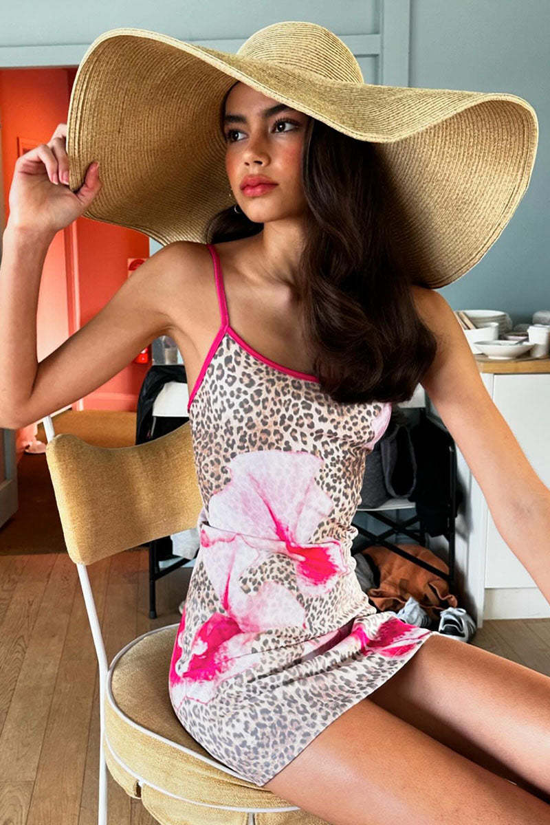 Leopard Floral Print Low Back Vacation Mini Slip Dresses-Brown