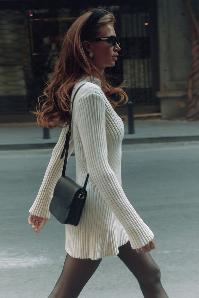 Pleated Knit Mock Neck Long Sleeve A-Line Slim Fit Sweater Mini Dresses-White