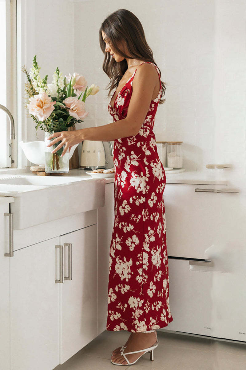 V Neck Sleeveless Floral Print Waist Tie Up Maxi Dresses