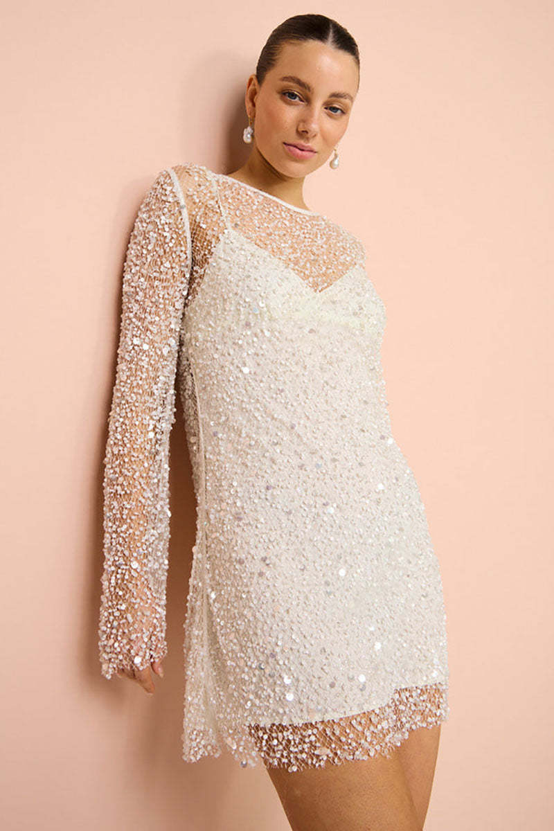 Sequins Pearls Round Neck Long Sleeve Slim Fit Double Layered Mini Dresses - White