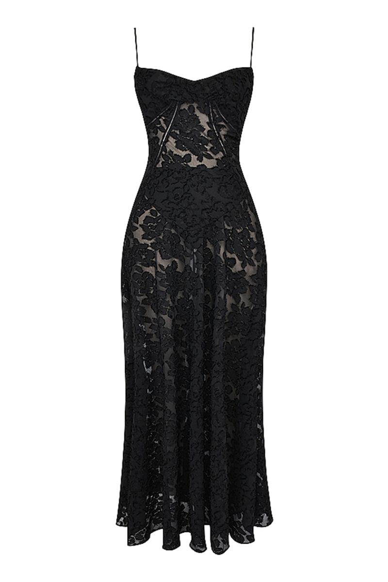 Floral Jacquard Lace Gothic Party Flowy Slip Maxi Dresses-Black