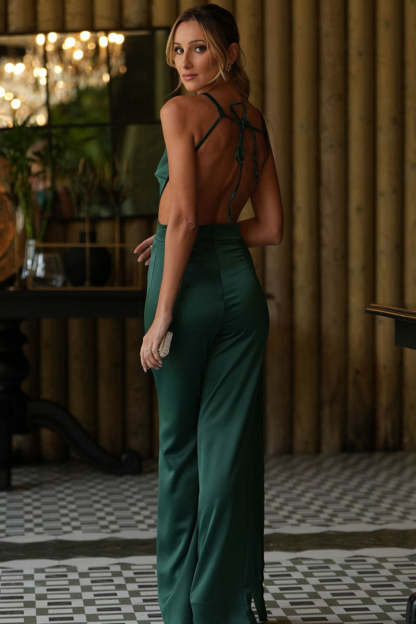 Cutout Backless Tied Up Asymmetric Jumpsuit-Dark Green