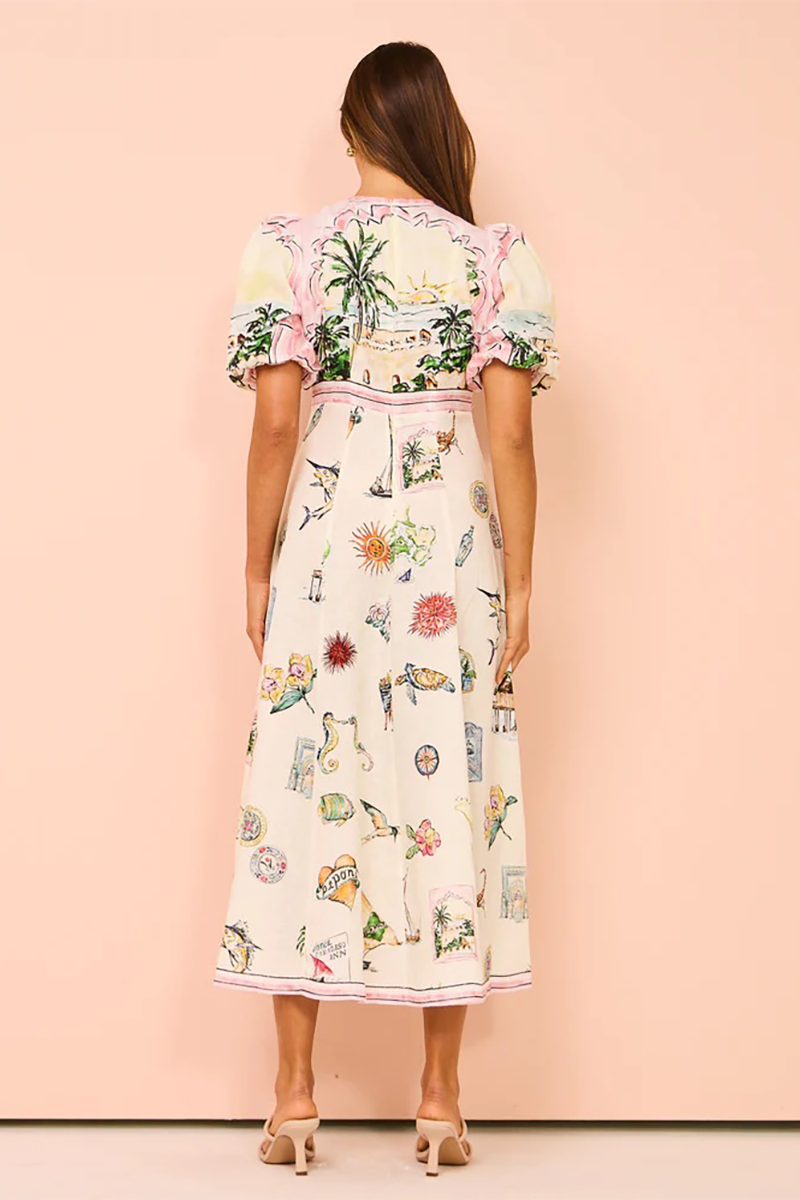 Vacation Mixed Prints Puff Sleeve A-Line Midi Dresses-Beige
