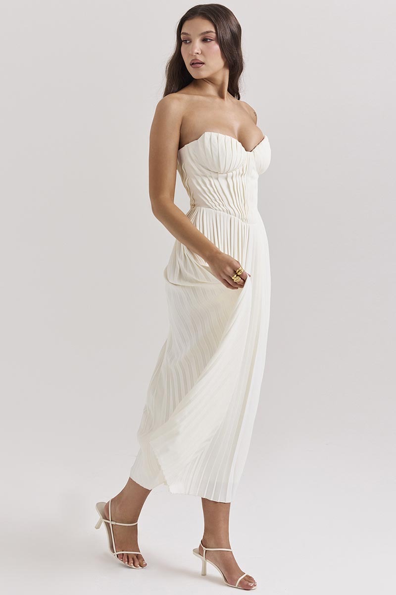 Strapless Corset Pleated Elegant Party Gown Midi Dresses-White