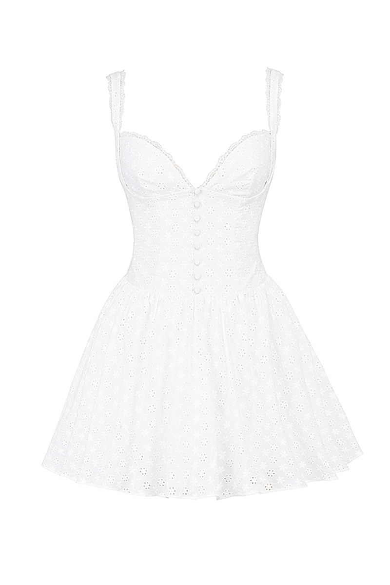 Wide Straps Lace Trim Deep V Neck Corset Mini Dresses-White