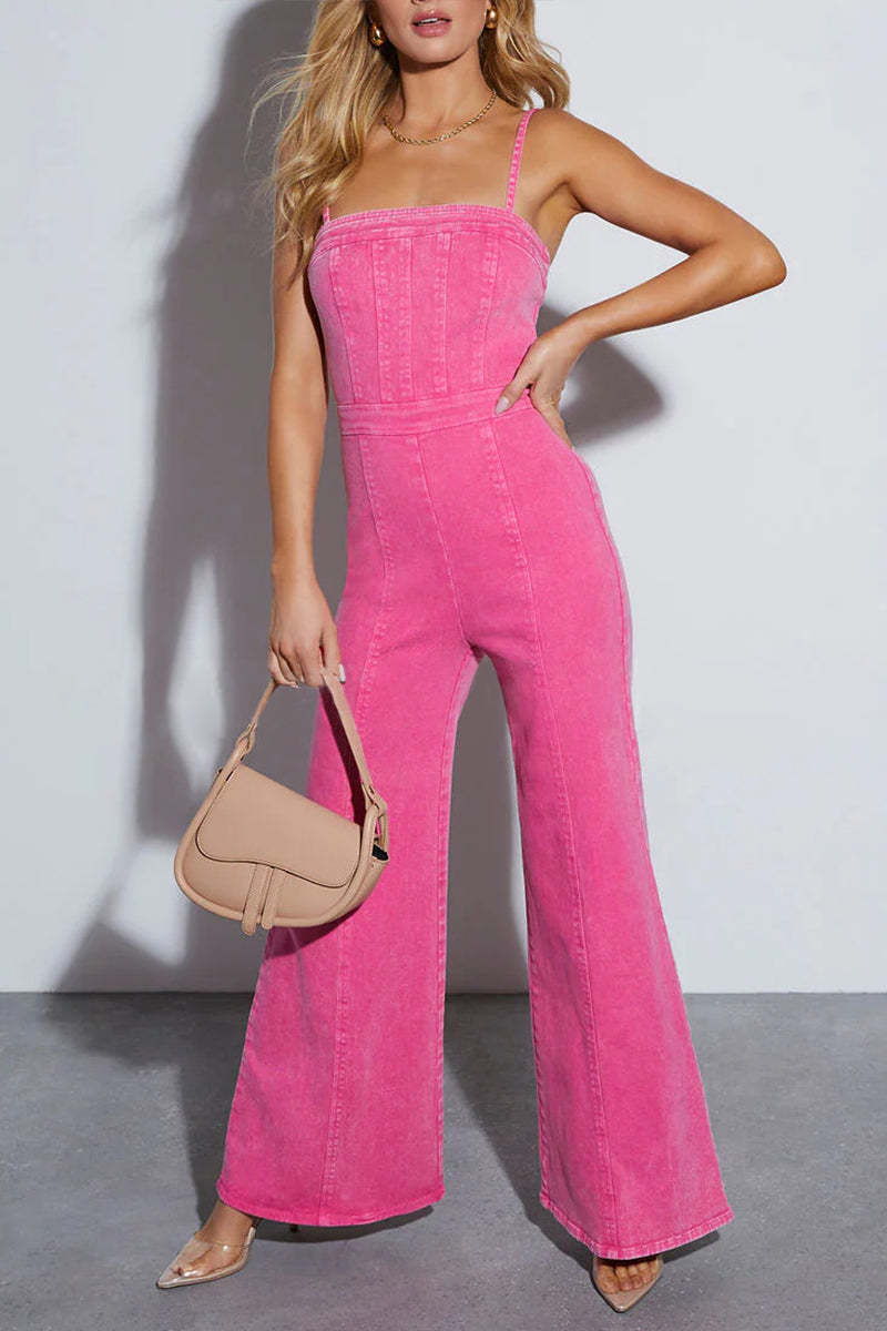Solid Color High Waist Flared Leg Denim Cami Jumpsuit-Orange