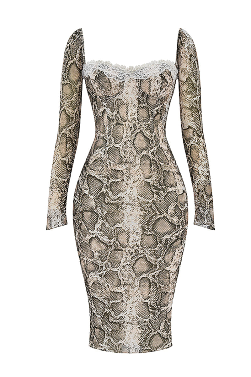 Snake Print Square Neck Lace Long Sleeve Bodycon Midi Dresses-Brown