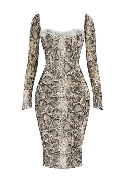Snake Print Square Neck Lace Long Sleeve Bodycon Midi Dresses-Brown