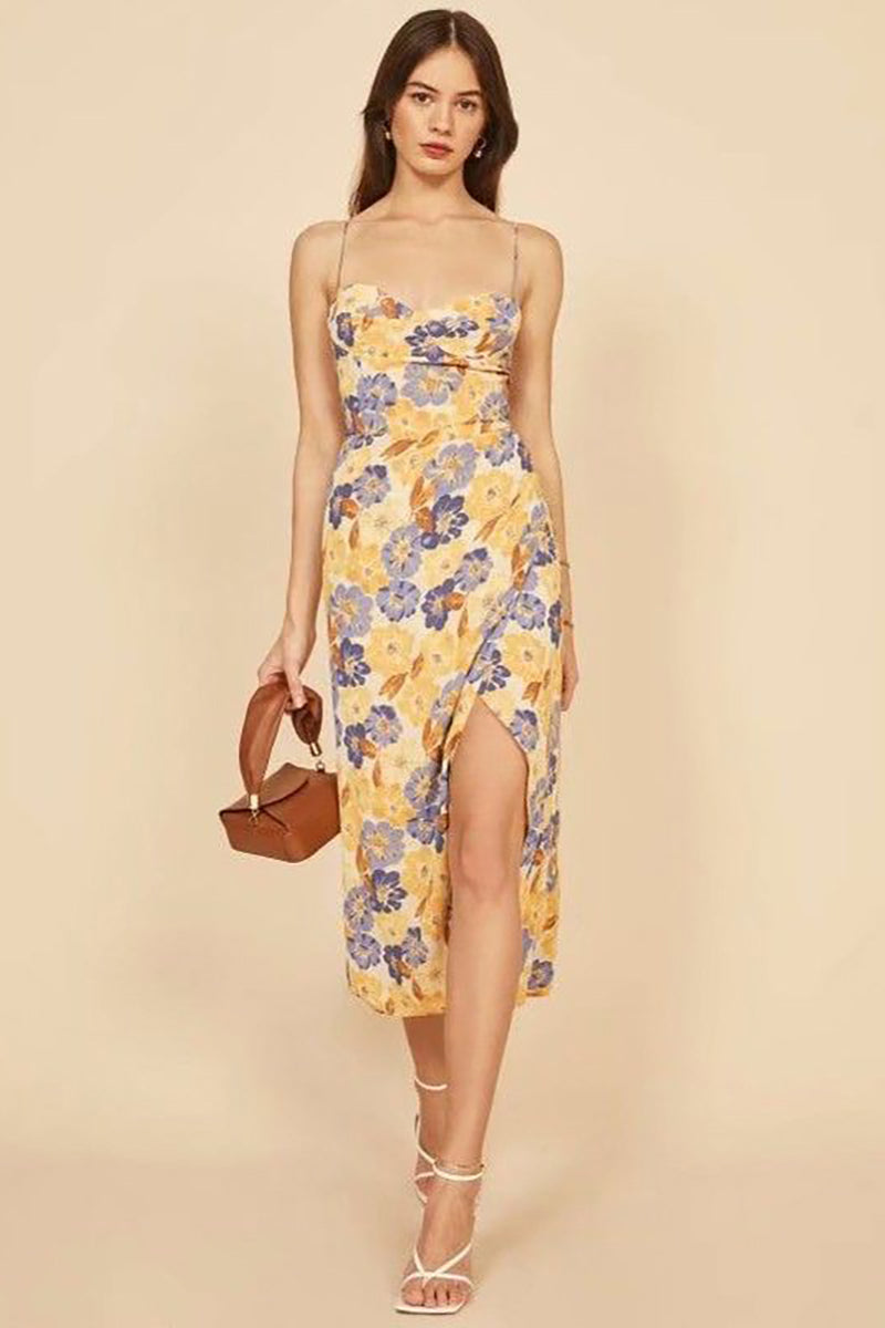 Vacation Irregular Neck Tied Up Cami A-line Floral Print High Slit Midi Dresses